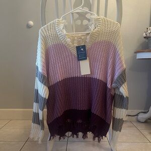 LA MIEL Colorblock V-Neck Sweater in Cream, Purple, and Gray